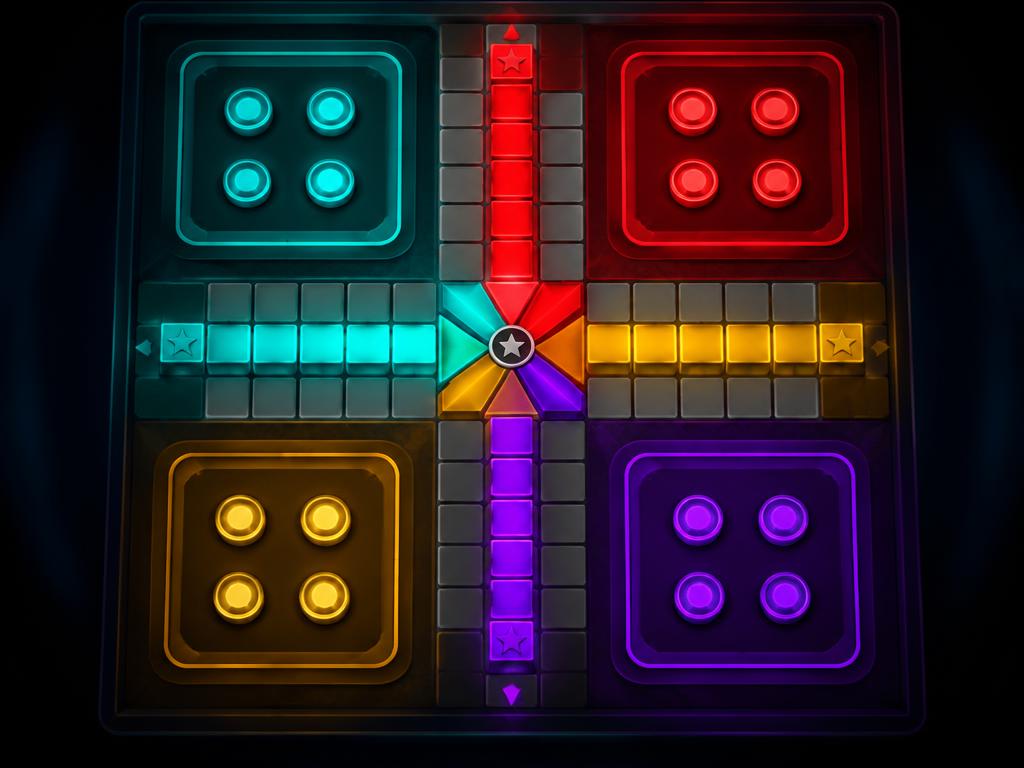 Tabuleiro de Ludo Mania visto de cima, com caminhos teal, vermelho, âmbar e violeta