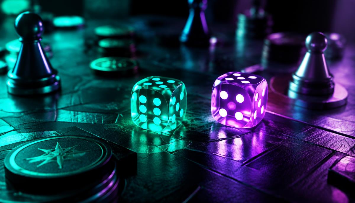 Dados luminosos e peças do Ludo Mania em close
