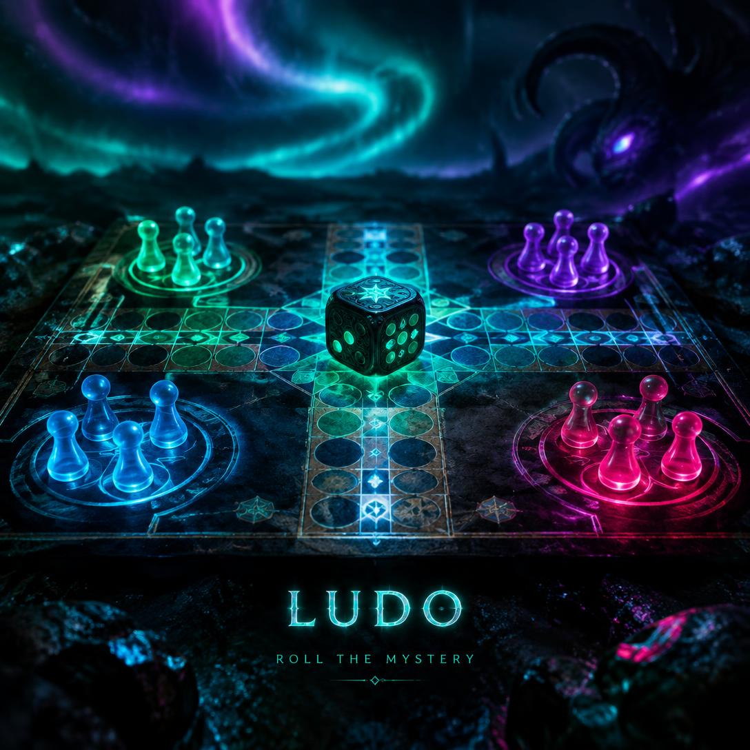 Arte principal de Ludo Mania com peças neon e dado enigmático