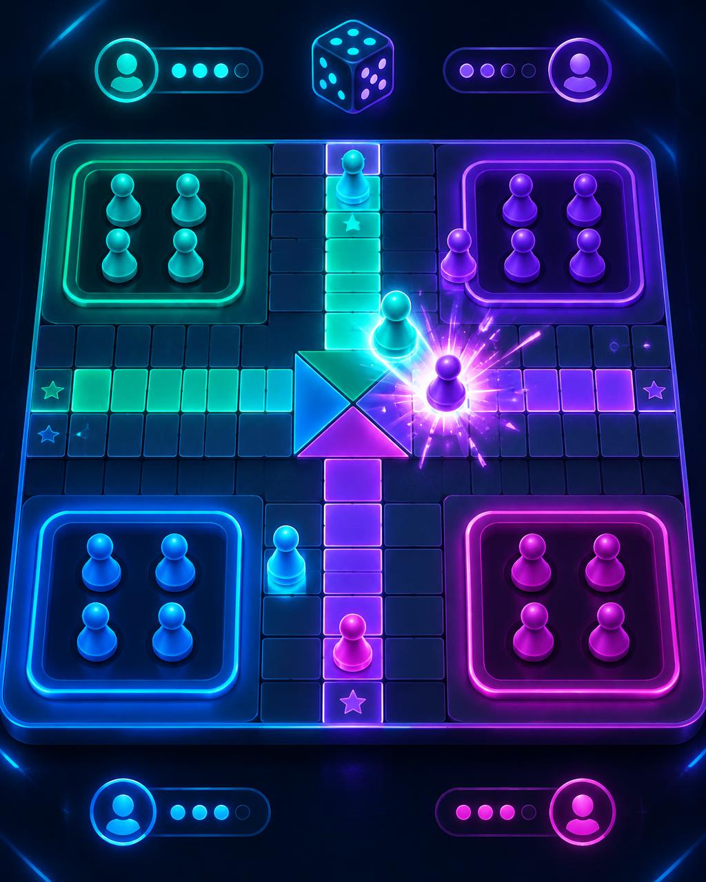 Captura de tela do Ludo Mania durante uma partida, com peça capturada e efeito de celebração